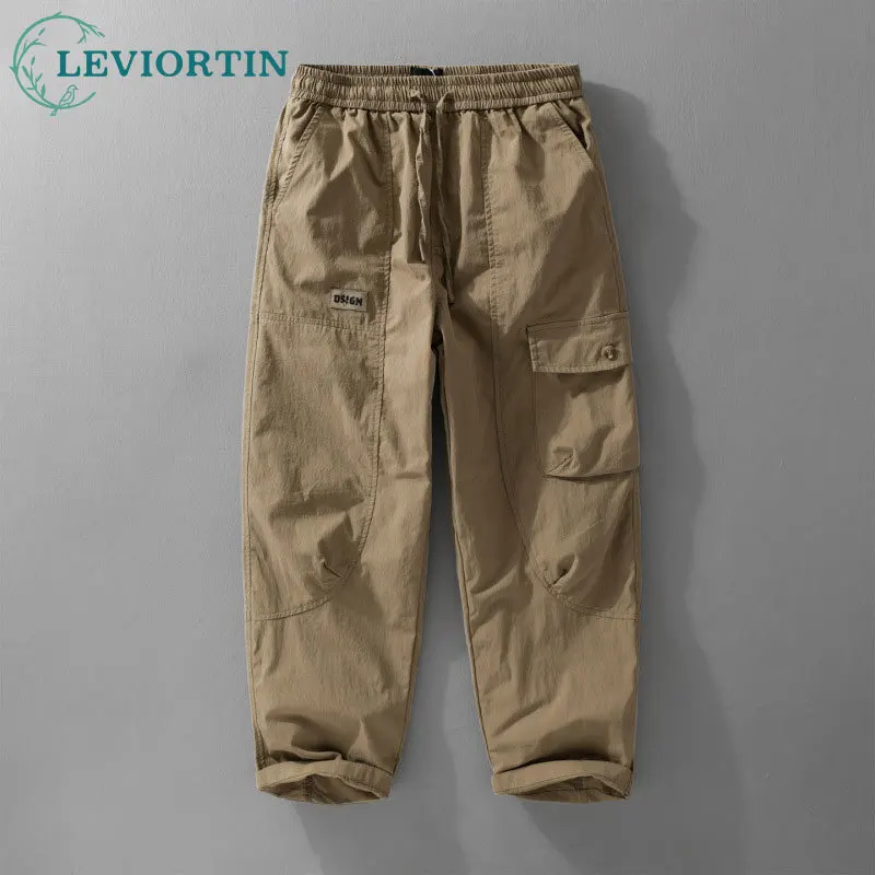 

Весенне-осенние винтажные американские уличные повседневные универсальные свободные и простые прямые рабочие брюки с эластичной резинкой на талии и шнурком