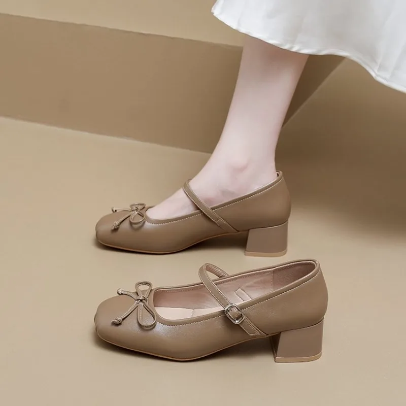 

Women's Shoes with Bow Knot Buckle round Head Thick Heel Single Shoes High Heel Summer Fashion