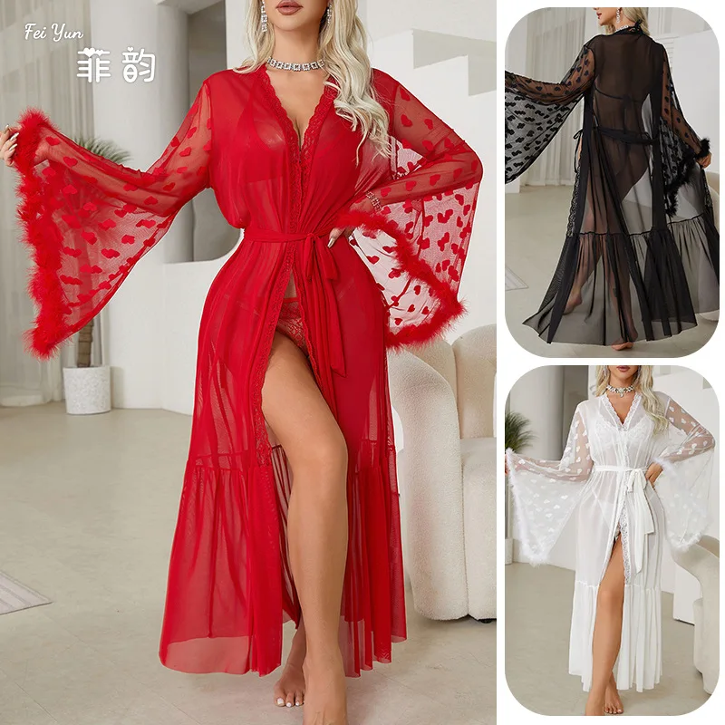 Sexy Mesh Nightgown Seductive Lingerie Cardigan Sleepwear Women's Bathrobe Home Outerwear Peignoir De Bain  Women Sexy Sleepwear