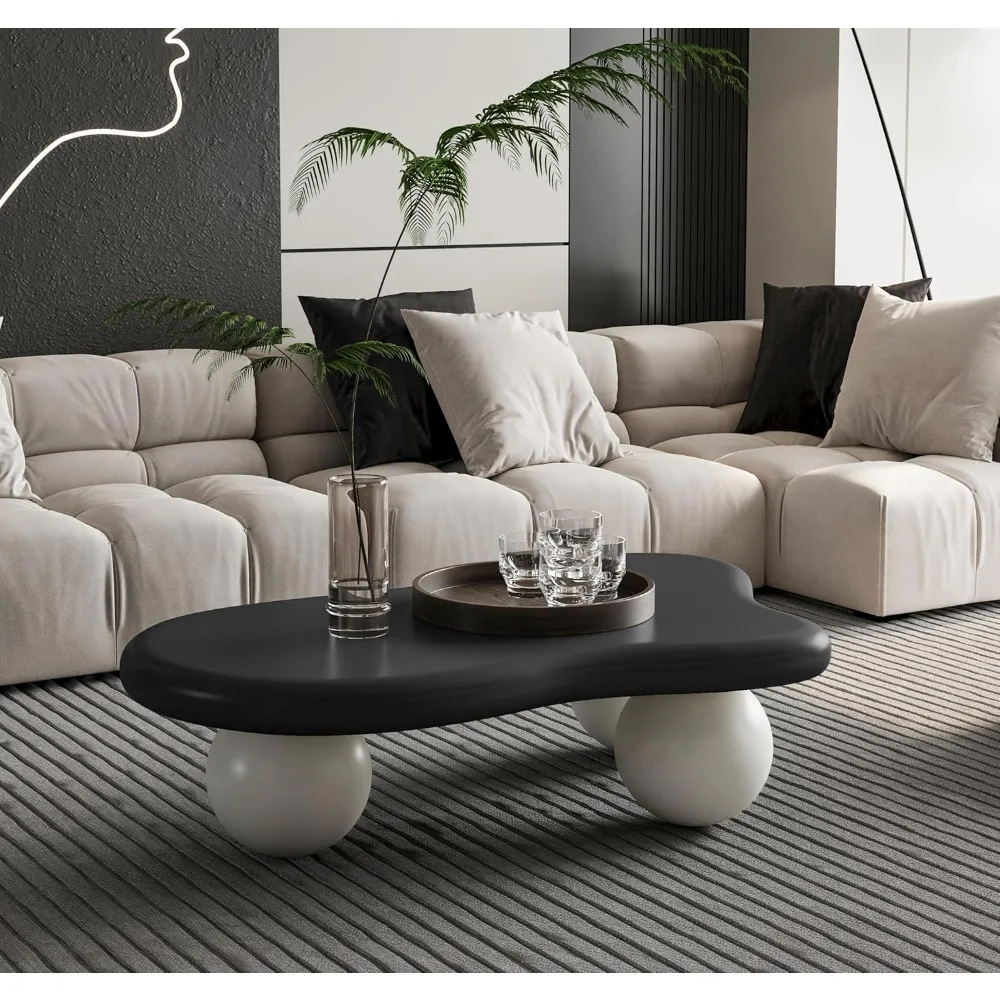 طاولة قهوة على شكل سحابة سوداء مقاس 40 بوصة مع 3 أرجل كروية، طاولة مركزية خشبية لطيفة حديثة، طاولة جانبية غير منتظمة لغرفة المعيشة