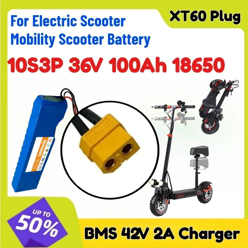 Xt60+SM Xt30+jst 10S3P 36V 100Ah 18650 Lithium Battery BMS 42V 2A Charger for Electric Scooter Mobility Scooter Battery