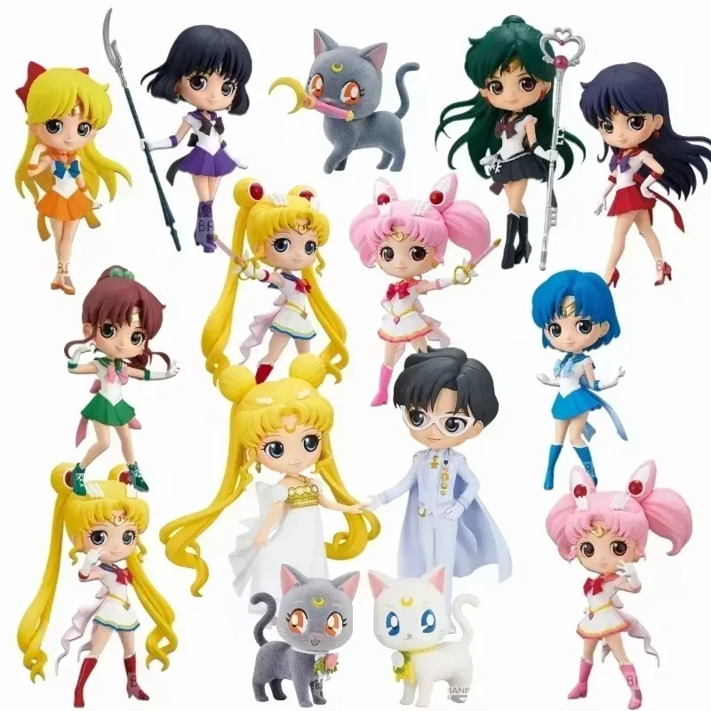 Bandai Genuine Sailor Moon Model Qposket Super Kaiou Michiru Moon Anime Action Figures Model Assembly Toy Girls Gift