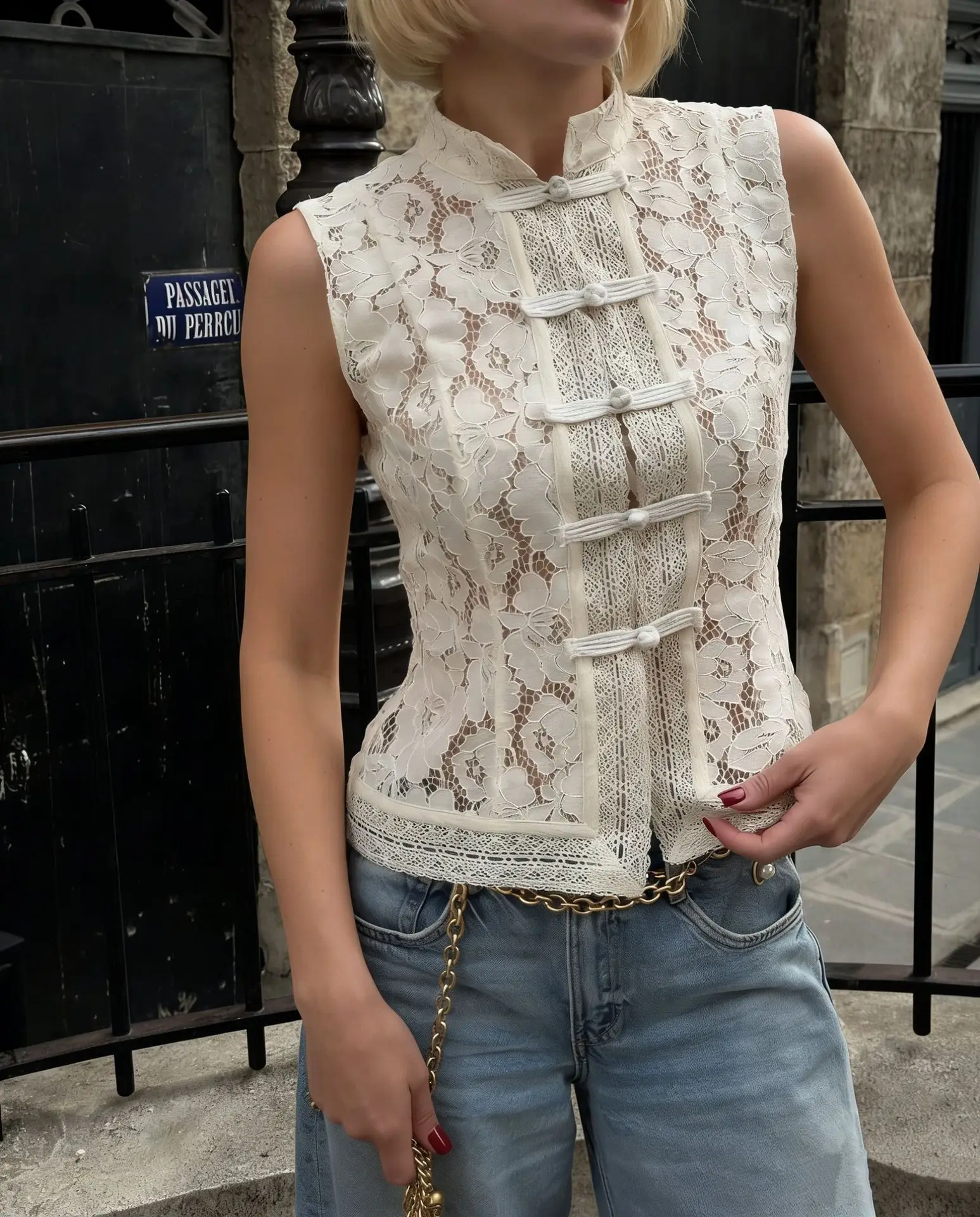 

EINY Шикарный женский ретро-топ из кружевного трикотажа с воротником-стойкой, летняя модная облегающая укороченная майка без рукавов, сексуальная блузка в стиле Y2K