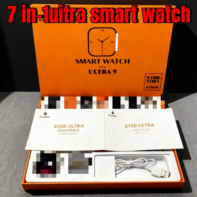 7 أشرطة ساعة جديدة S100 Ultra Smartwatch 2.2 HD Amoled شاشة دائرية ECG مراقبة Reloj inteligente مع حافظة واقية