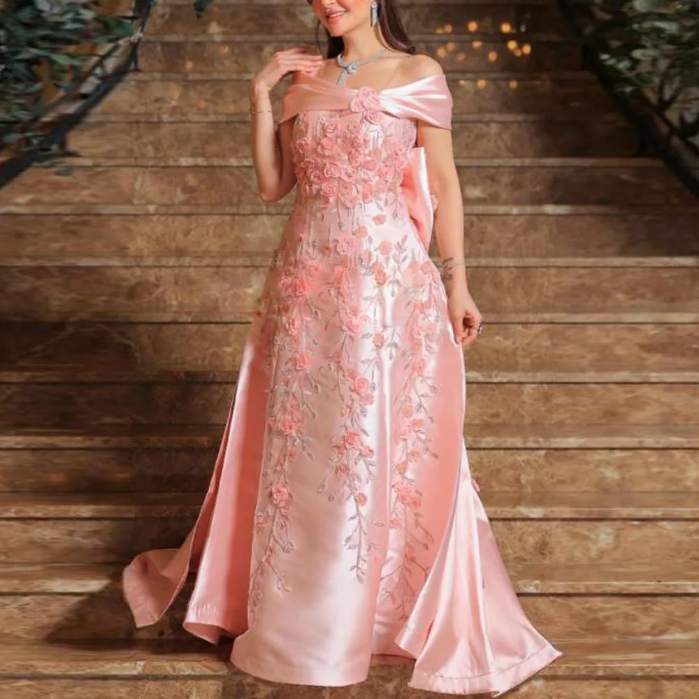 

Customized Floral Lace Evening Dresses Off the Shoulder Flower Formal Gown Pink Satin Banquet Dress with Detachable Train