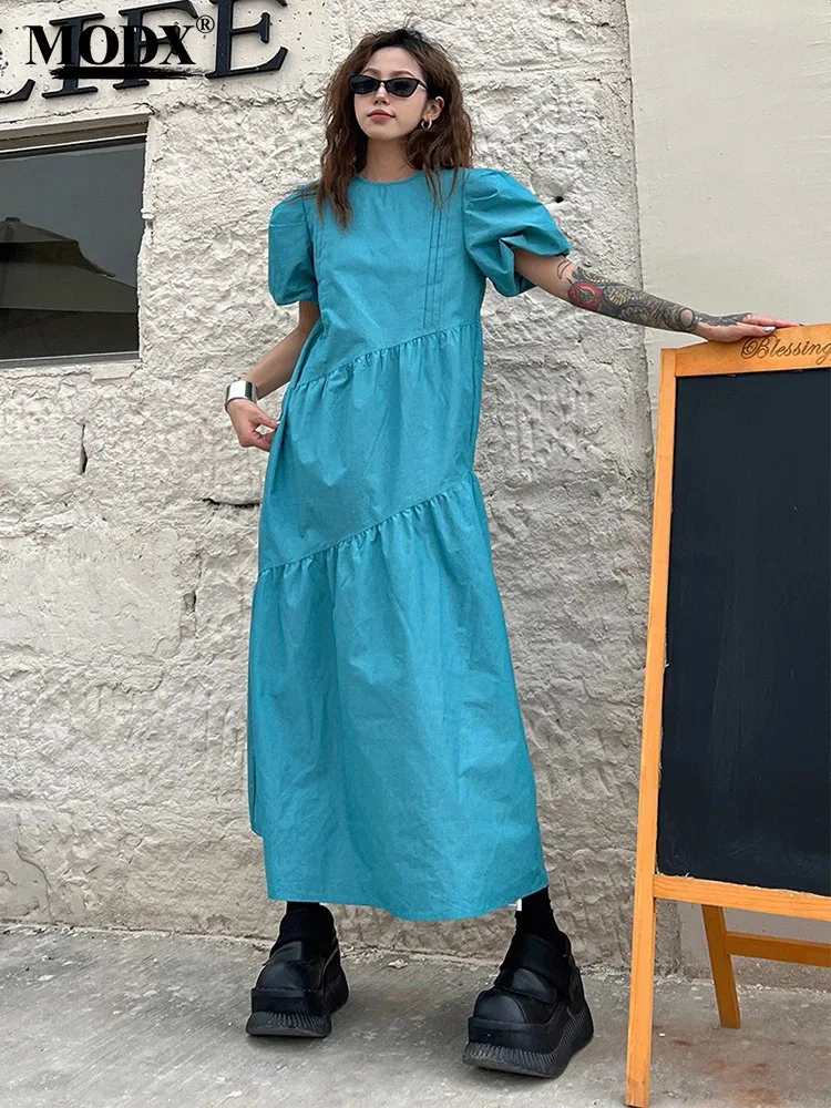 

[MODX] Синее складное повседневное длинное платье женское новое сзади с v-образным вырезом и короткими пышными рукавами свободного покроя модная весна осень 2024