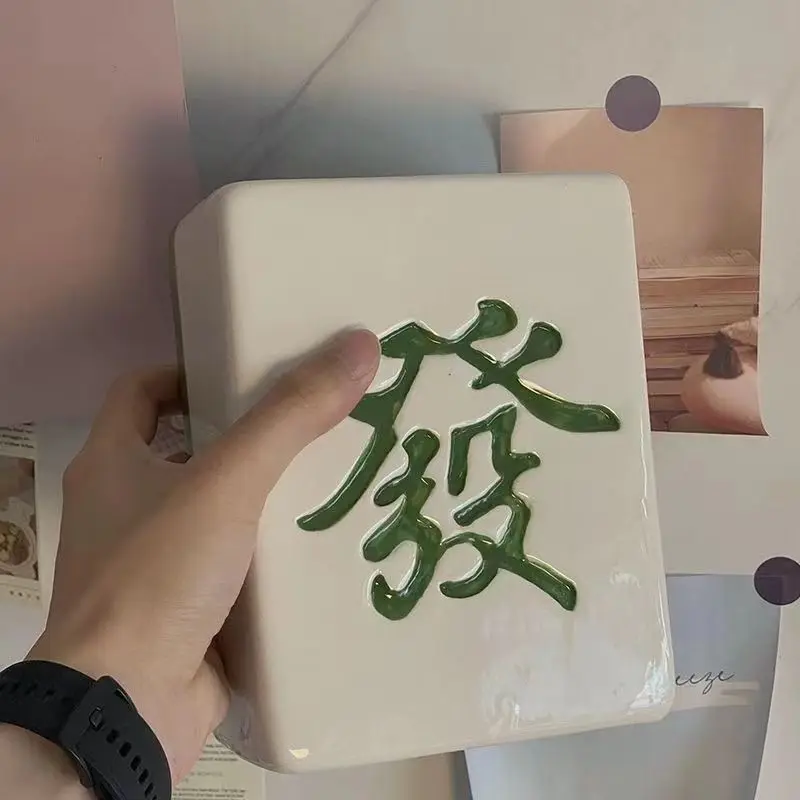 Ceramic Mahjong Fortune Decor White Green Chinese Fa Character Figurine Good Luck Ornament For Home Office Desk Shelf