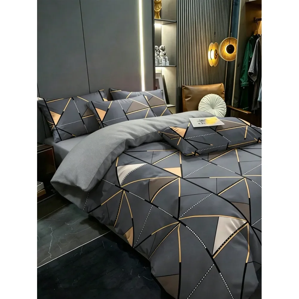 3pcs Luxury Geometric Triangle Bedding Set Duvet Cover Set 1 Duvet Cover 1 2 Pillowcase Without Pillow Insert, Grey Gold Modern