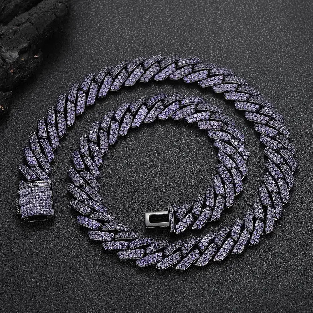 Zirconia Necklace Gold 15Mm Purple Zircon Rhombus Hip-hop Cuban Trendy Brand Personalized Men's Jewelry Wholesale