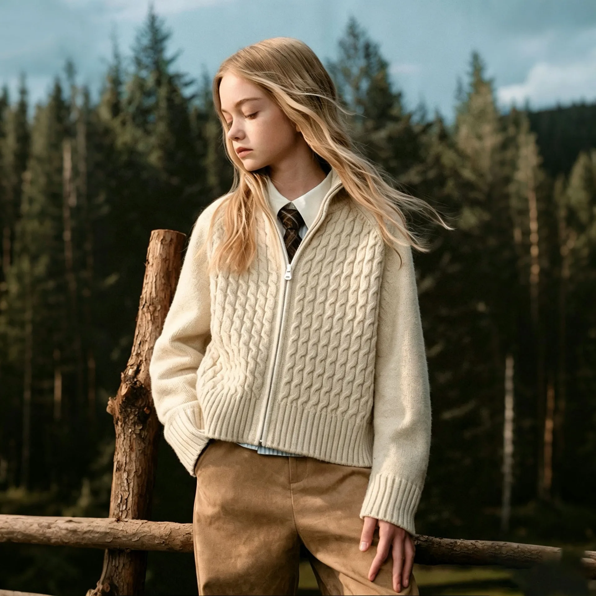 Retro mittelgroßer und großer Kinderpullover mit Zopfmuster, Stehkragen und halbem Reißverschluss für Mädchen – Detail 2