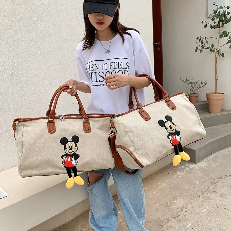 MINISO Mickey Canvas Bag Women's Shoulder Bag Short-distance Travel Bag Portable Large-capacity Fitness Bag Girls Luxury Brand