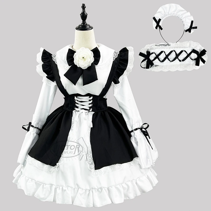 Nero bianco gotico Lolita cameriera vestito Cosplay vestito per ragazze donna cameriera cameriera partito costumi di scena