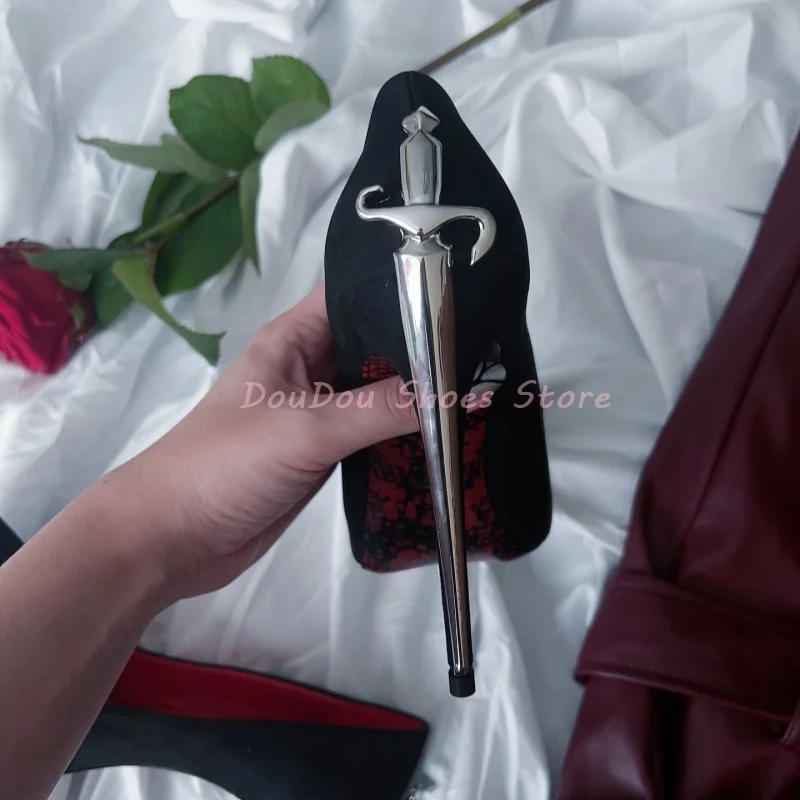 Red Suede Gold Sword Shaped Pointed Toe Pumps Women Solid Patent Leather Metal Heel High Heels Sexy Fashion Party Ladies Shoes