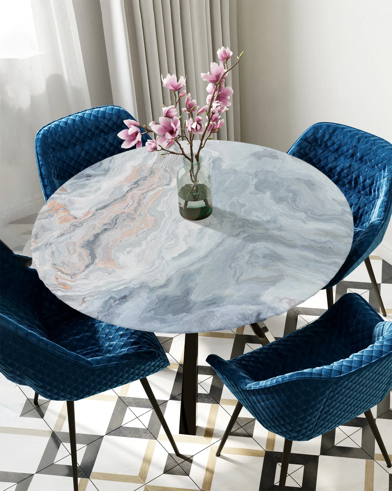 

Marble Round Elastic Edged Table Cover Protector Cloth Waterproof Polyester Tablecloth Rectangle Fitted Table Cover