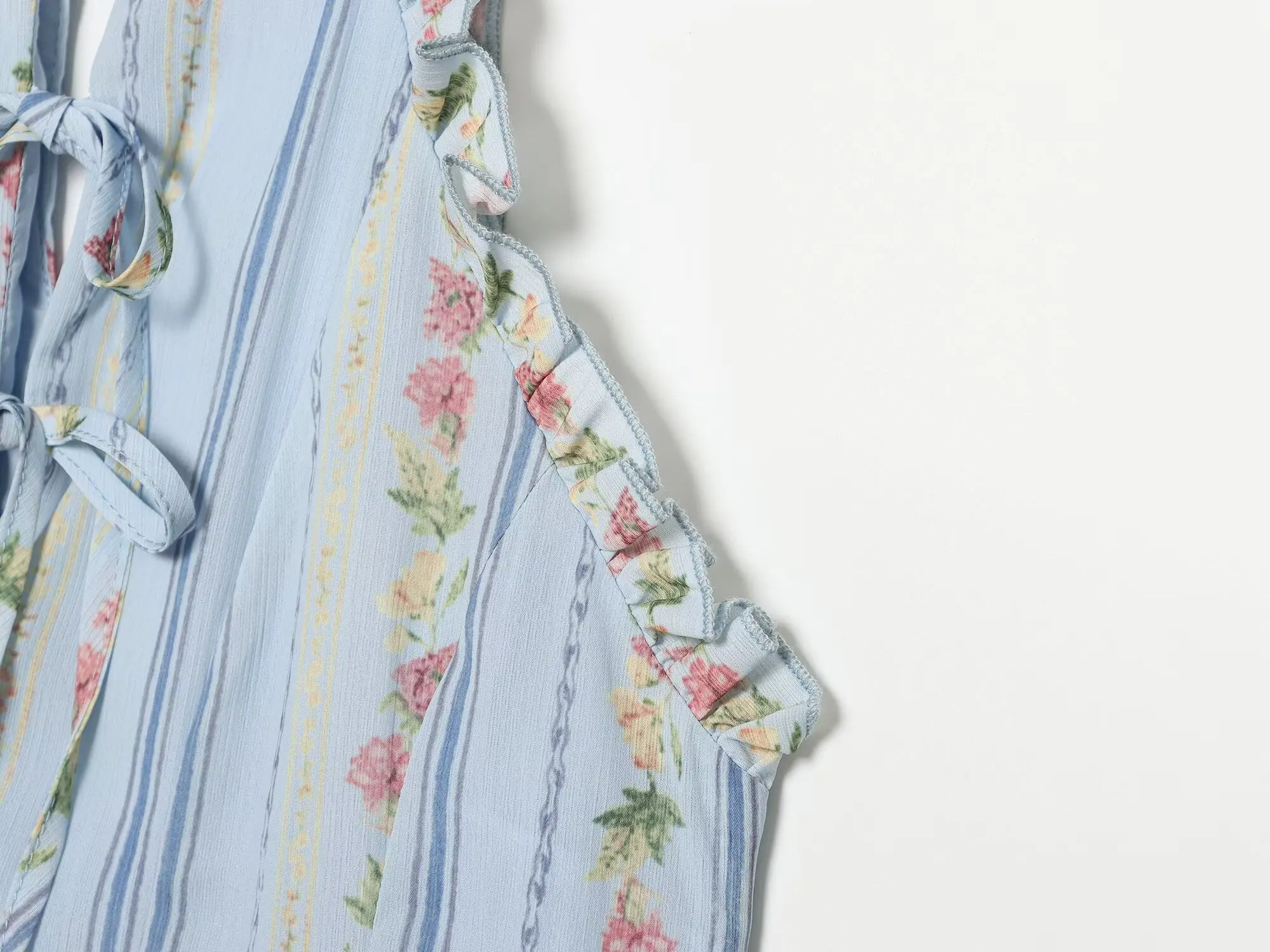 TFMLN Damen Blumenmuster Gestreiftes Neckholder-Kleid mit Rüschenbesatz, Schlüssellochausschnitt, Vordere Bindung, Ärmellos, Vintage Mini-Kleid, Strand- und Urlaubsoutfit, Sommer – Detail 7