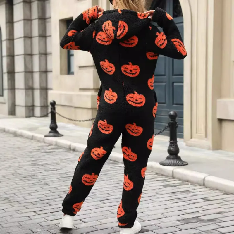 New Halloween Pumpkin Print Zipper Loose Plush Warm Jumpsuit For Autumn And Winter