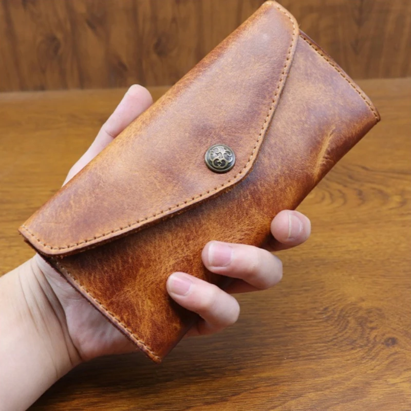 Hand Distressed Vegetable Tanned Leather Men's Long Wallet Large Capacity Clasp Closure Phone Clutch Bag for Women 100% Leather