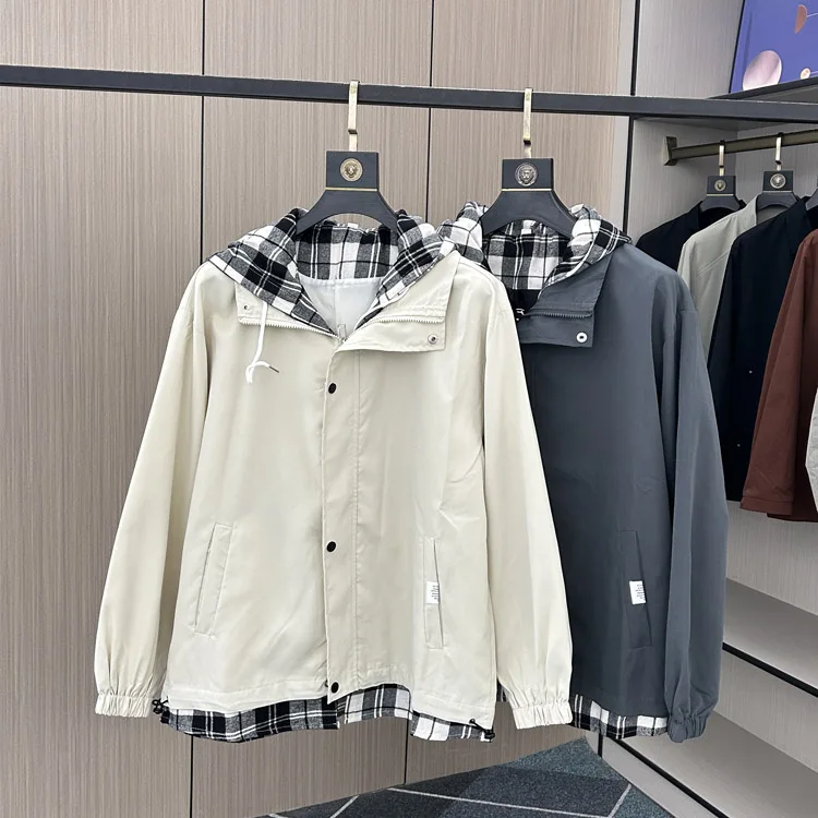 American Style Men's Jacket Hooded Splice Spring New Style Fake Two-Piece Coat Autumn Large Size Boys Teenagers Topwear