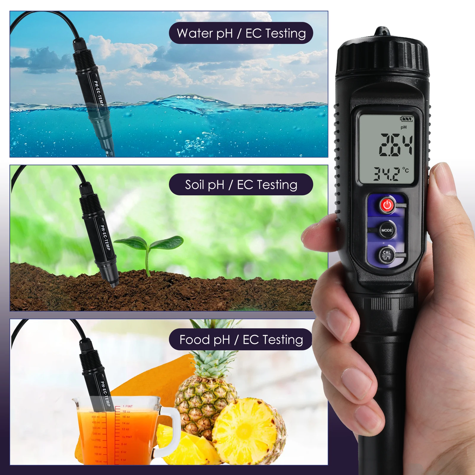 

Professional 3-in-1 Water/Soil/Food Tester pH/EC/Temp Meter for Hydroponics, Aquarium, Pool, Garden IP65 with Backlight
