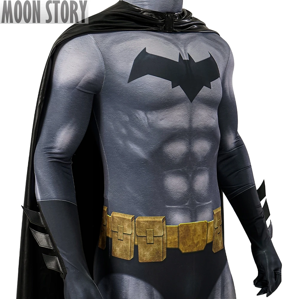 Anima Bat-traje de Cosplay de superhéroe Bruce para hombres adultos, mono gris, traje Zentai con capa, tocado, Carnaval y Halloween