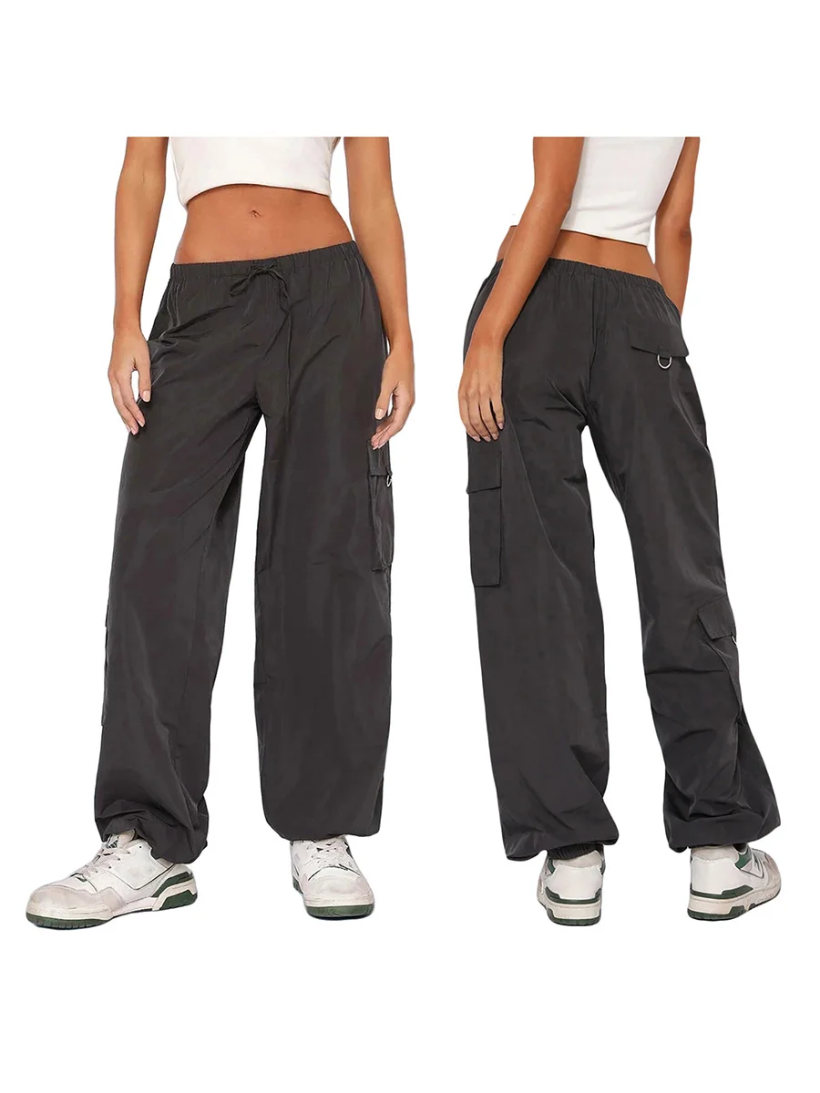 Women's Solid Color Trousers, Adjustable Drawstring Elastic Waist Wide-Leg Pants, Multi-Pocket Jogging Trousers, Dark Grey/Khaki