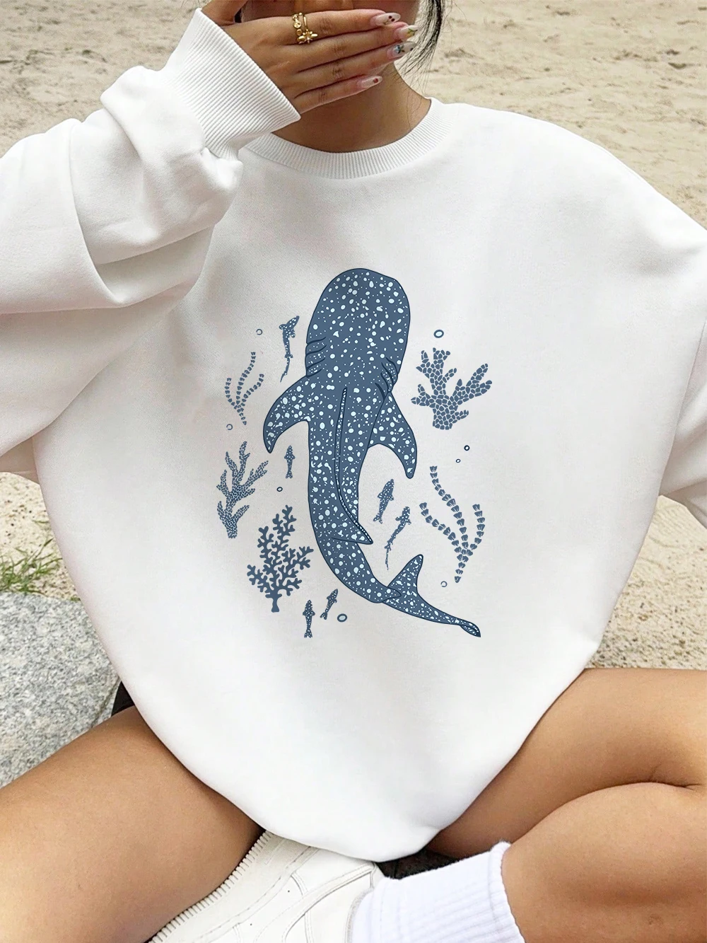 المرجان والحوت الطباعة بلوزات المرأة الخريف الصوف الدافئة هوديس Crewneck فضفاض البلوز أساسيات الملابس النسائية المريحة