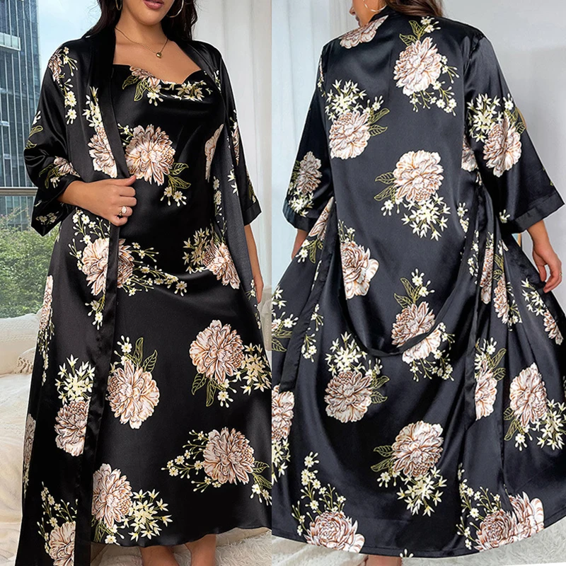 Oversize Female Long Kimono Bathrobe Gown Summer Satin Robe Nightgown Set Sleepwear Loose Print Flower Home Dress Lounge Wear