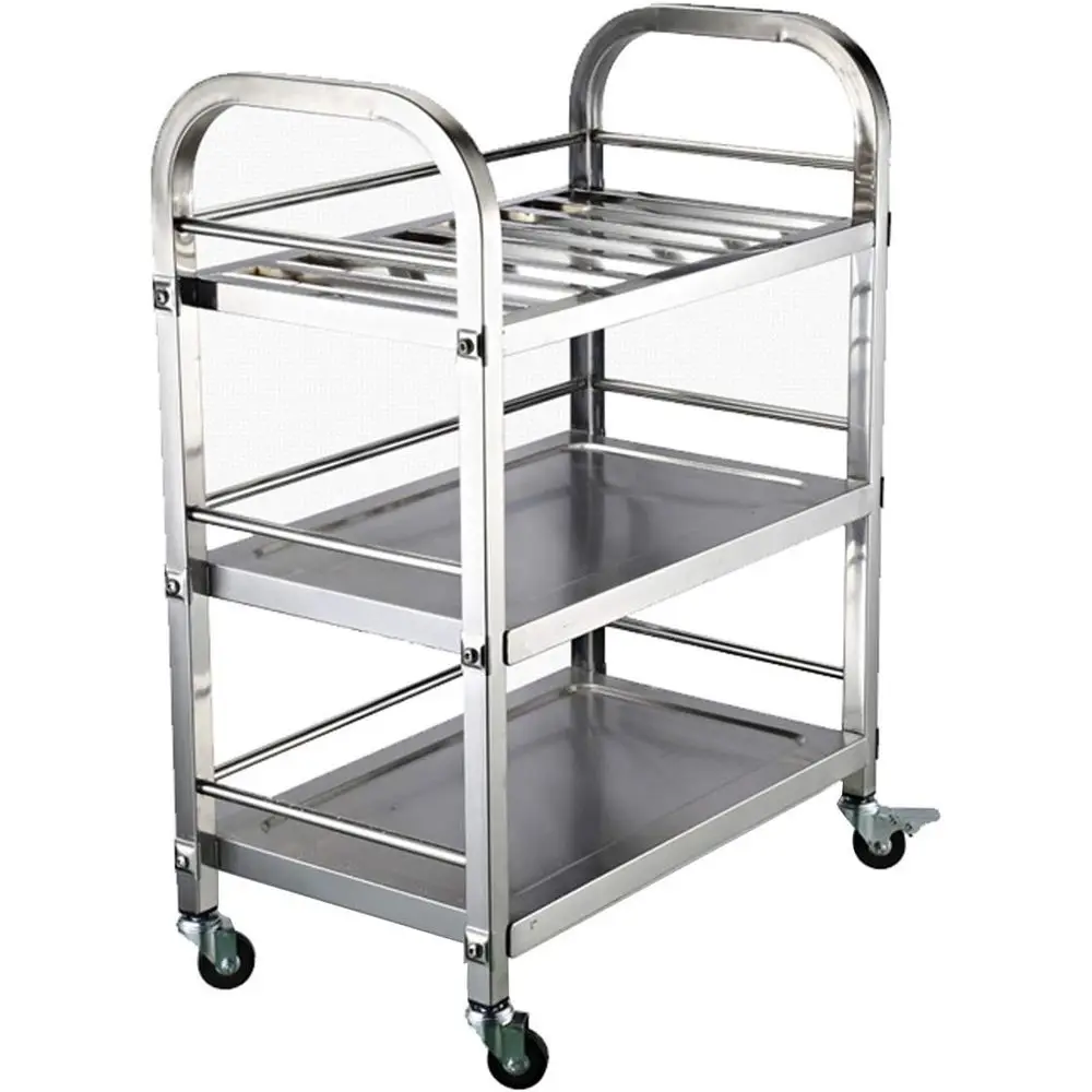 

3-Tier Stainless Steel Kitchen Utility Cart with Locking Wheels for Catering, Storage, and Restaurant Use