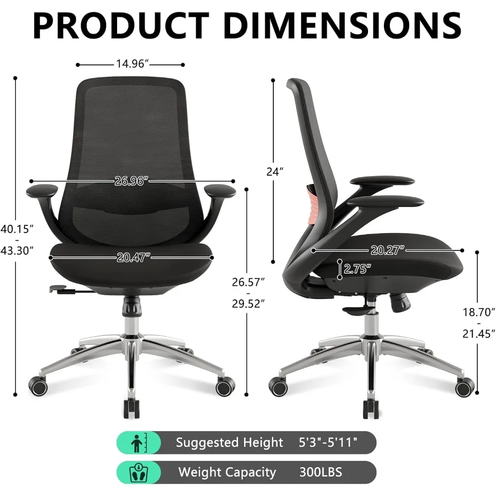 Sedia da ufficio ergonomica in rete con schienale alto e supporto lombare e 360 °   Braccioli girevoli regolabili, sedia da scrivania reclinabile con inclinazione