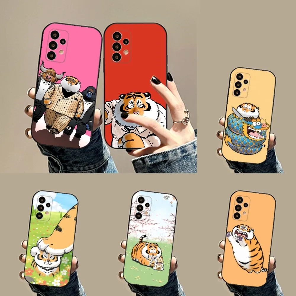 Lovely Fat Tiger Phone Case For Samsung S24,23,23,22,30,21,10,9,Note20 Ultra,Lite,Ultra,5G,Plus,FE,Black Soft Case