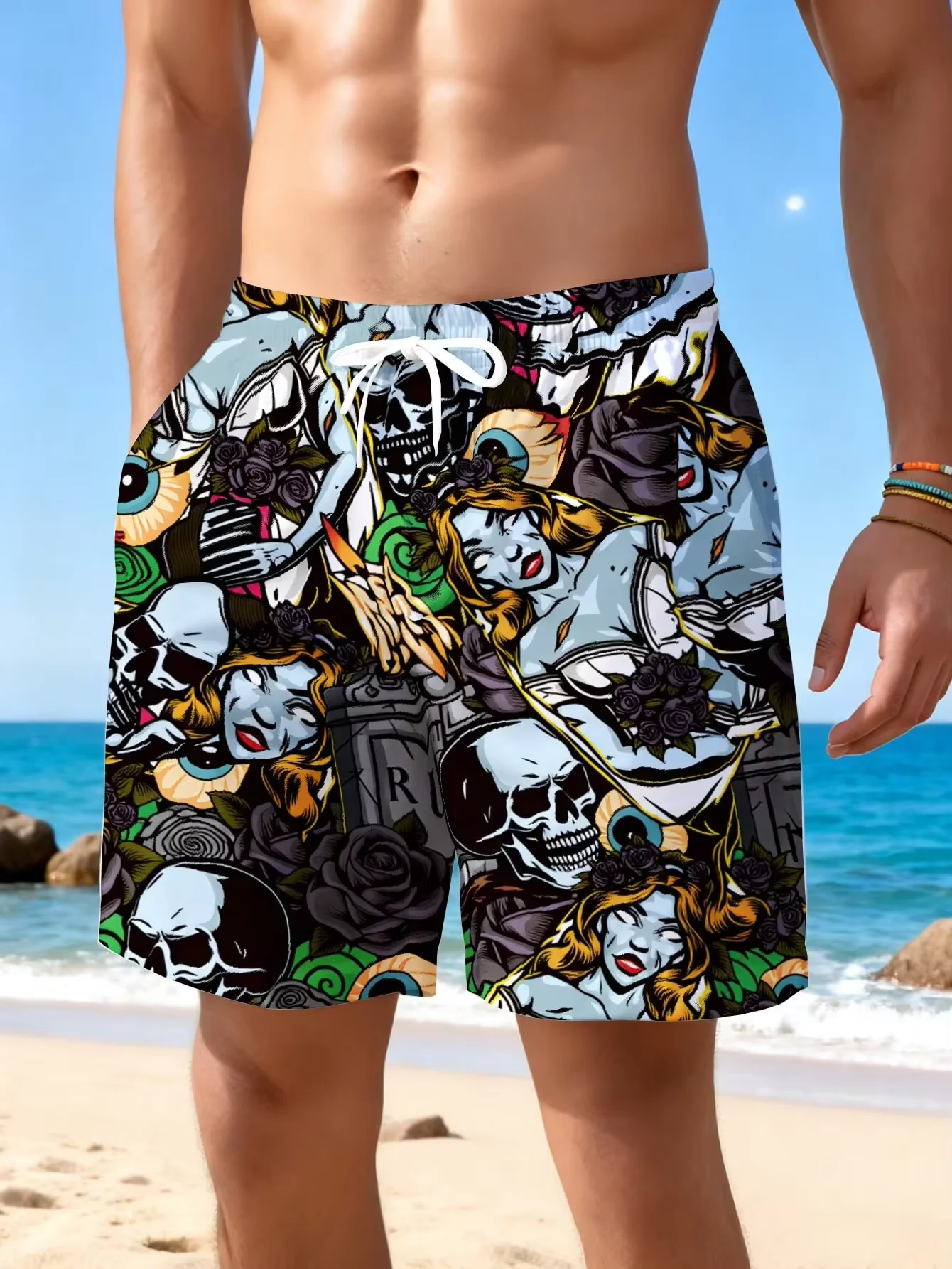 

2026 Summer New Style Men's Outdoor Beach Casual Sportswear Shorts Gothic Art Design With Skulls Roses And Elegant Women Pattern Summer Beach Wear 3D Printing For Vacation Parties And Leisure Activities Soft Comfortable Fabric