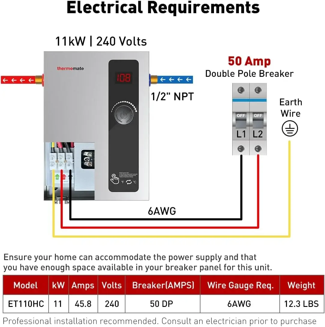Tankless Water Heater Electric, 11kW at 240 Volt, On Demand Instant Hot Water Heater for Point of Use, Self-Modulating Save Ener