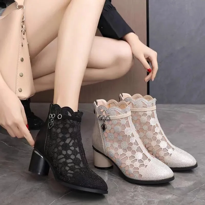 Real Soft Leather Mesh Gauze Cool Boots 2023 Spring And Summer Hollowed Out Sandals Female Rhine-Drill Chunky Heel Ankle Boots