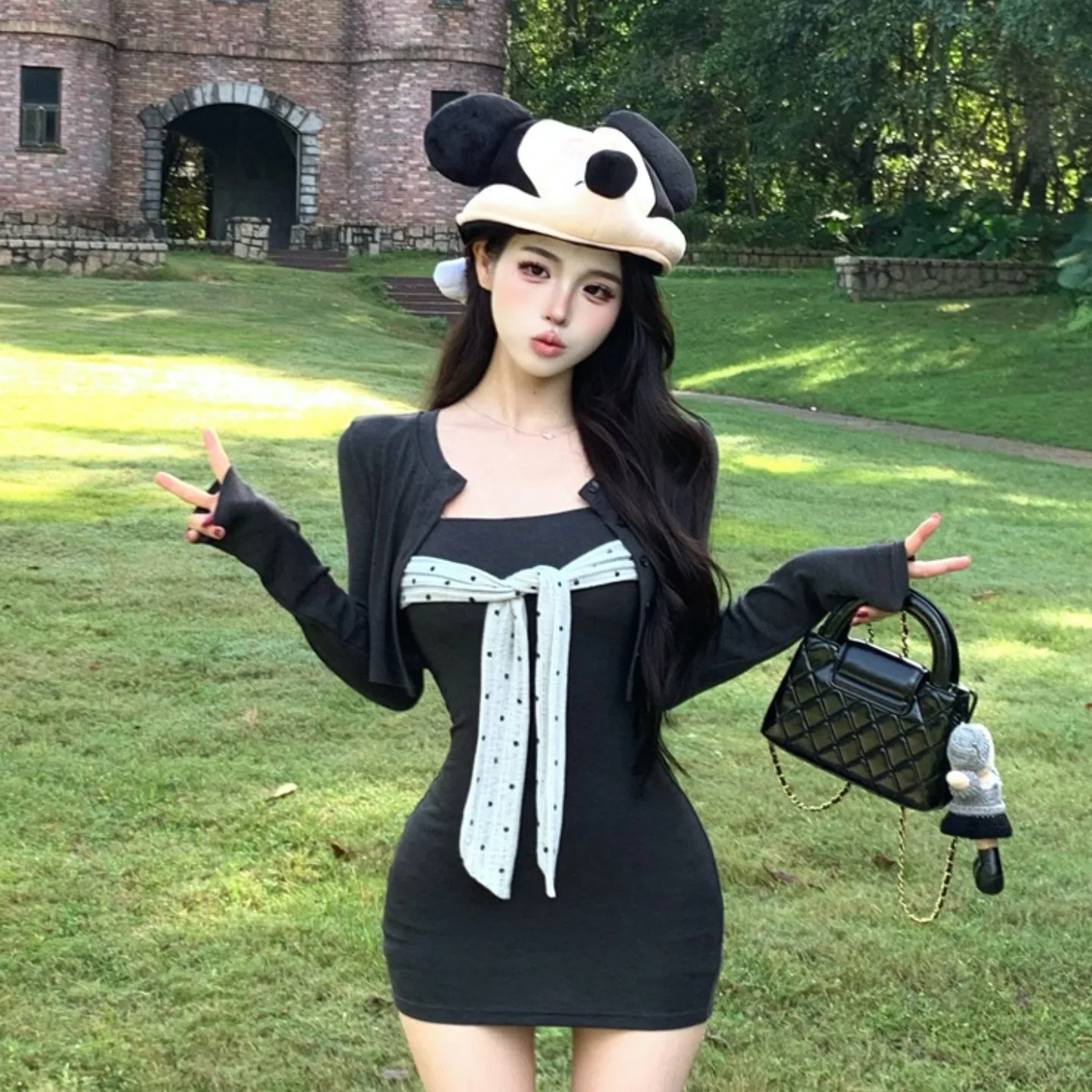 水玉模様のブライズメイドセット、ネクタイデザイン、スカートとオープンカーディガン、スリムフィット、ボディコン、カジュアル、冬服