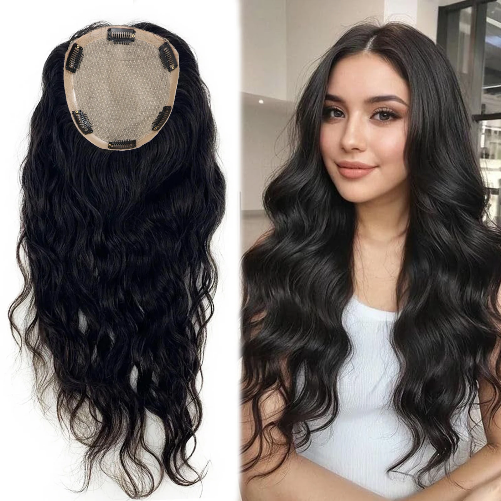 

Полный ручной завязанный шелковый топпер с зажимами из натуральной волны Настоящие человеческие волосы Remy для женщин Шелковый топ-парик среднего коричневого цвета