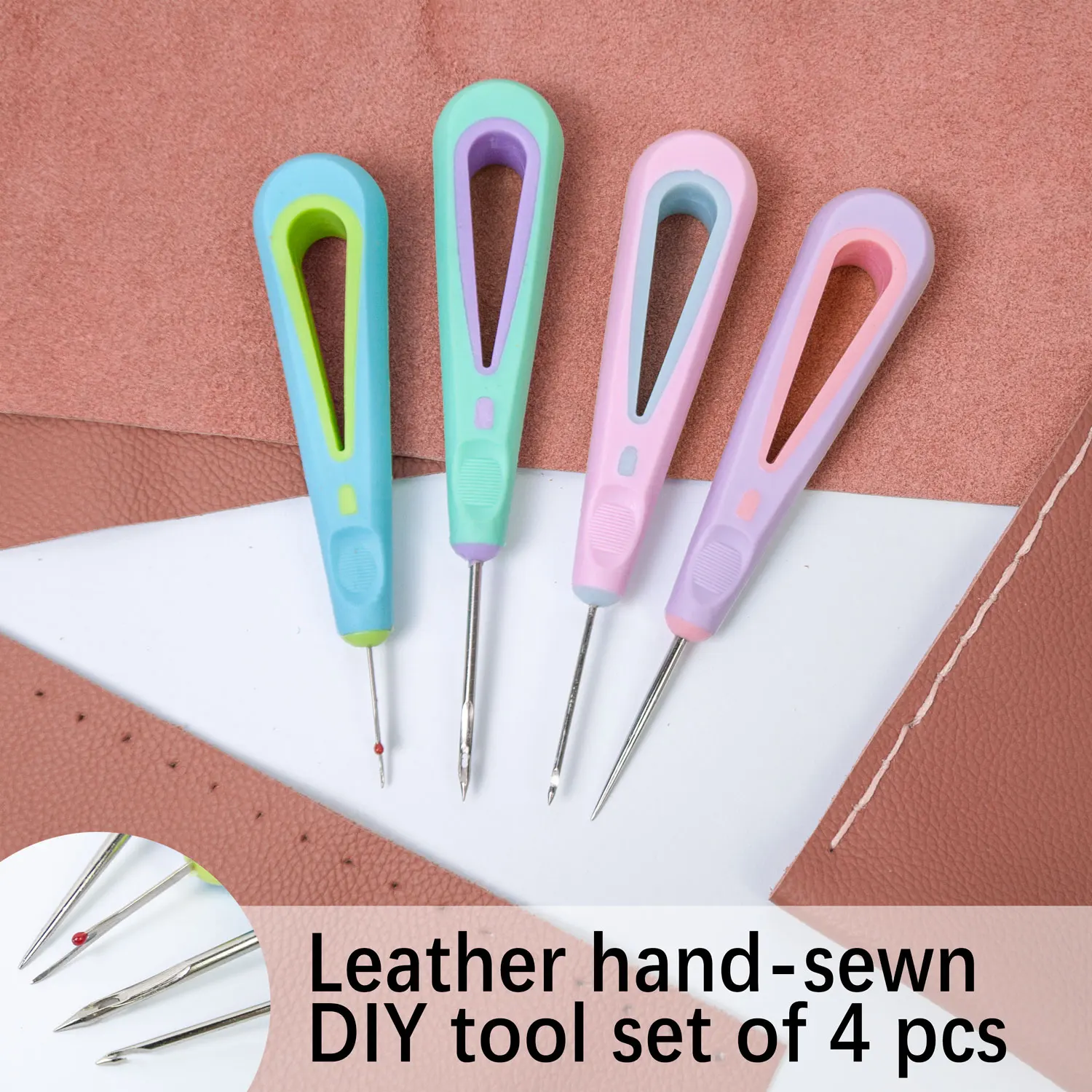 4pcs DIY Leather Craft Hand Tools Kit - Rubber Grip Punching Awl for Stitching, Unpicking, Shoe Repair, Leather Sewing Supplies