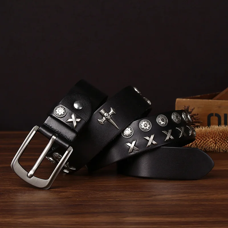 3.8CM New Cowboy Punk Pin Buckle Neutral Belt Real Genuine Leather Cowhide Belt Metal Stud Rivet Jeans Belts For Men Hiphop Rock