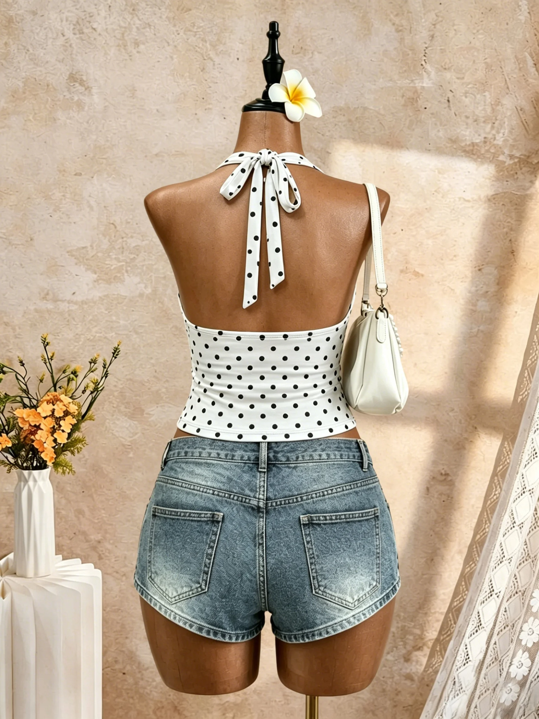 Damen Neckholder-Crop-Top mit V-Ausschnitt und Polka-Dot-Print, weiß, schwarze Punkte, ärmellos, schmale Passform, Sommer-Strand-Tanktop – Detail 2