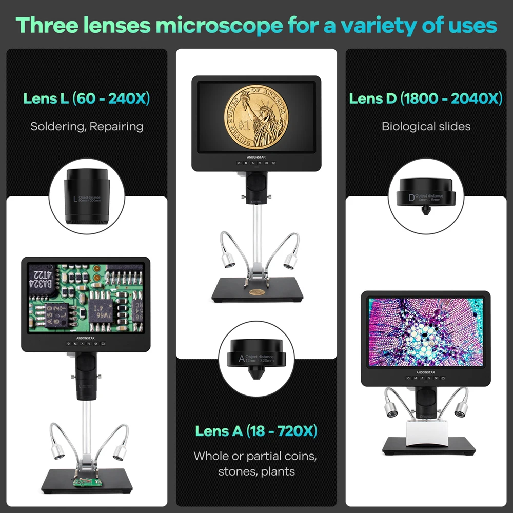 Andonstar AD249S-M 10.1'' IPS LCD UHD 2160P Digital Microscope 2000X With 3 Lens For PCB Phone Repair Soldering Microscopio