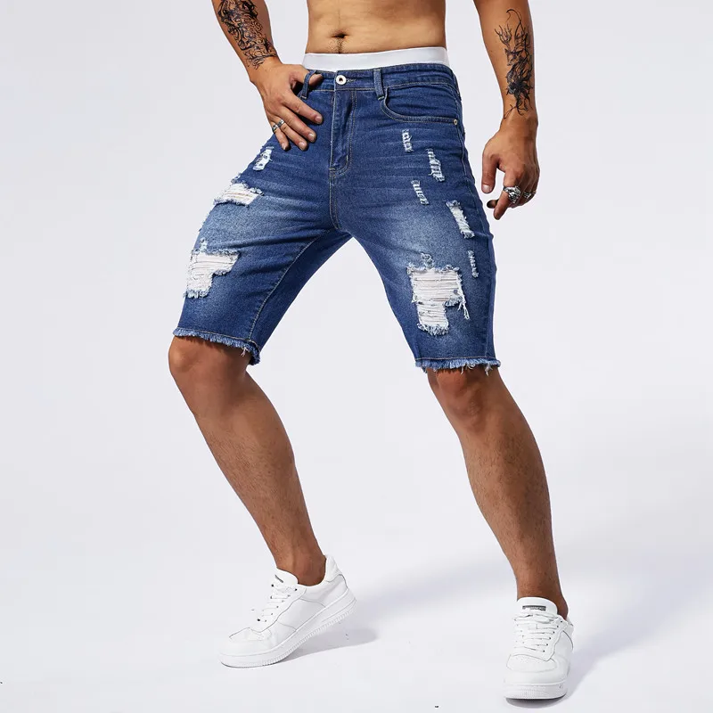 Summer men\'s ripped denim shorts in three colors fashionable retro washed high elasticity slim fit straight leg denim shorts