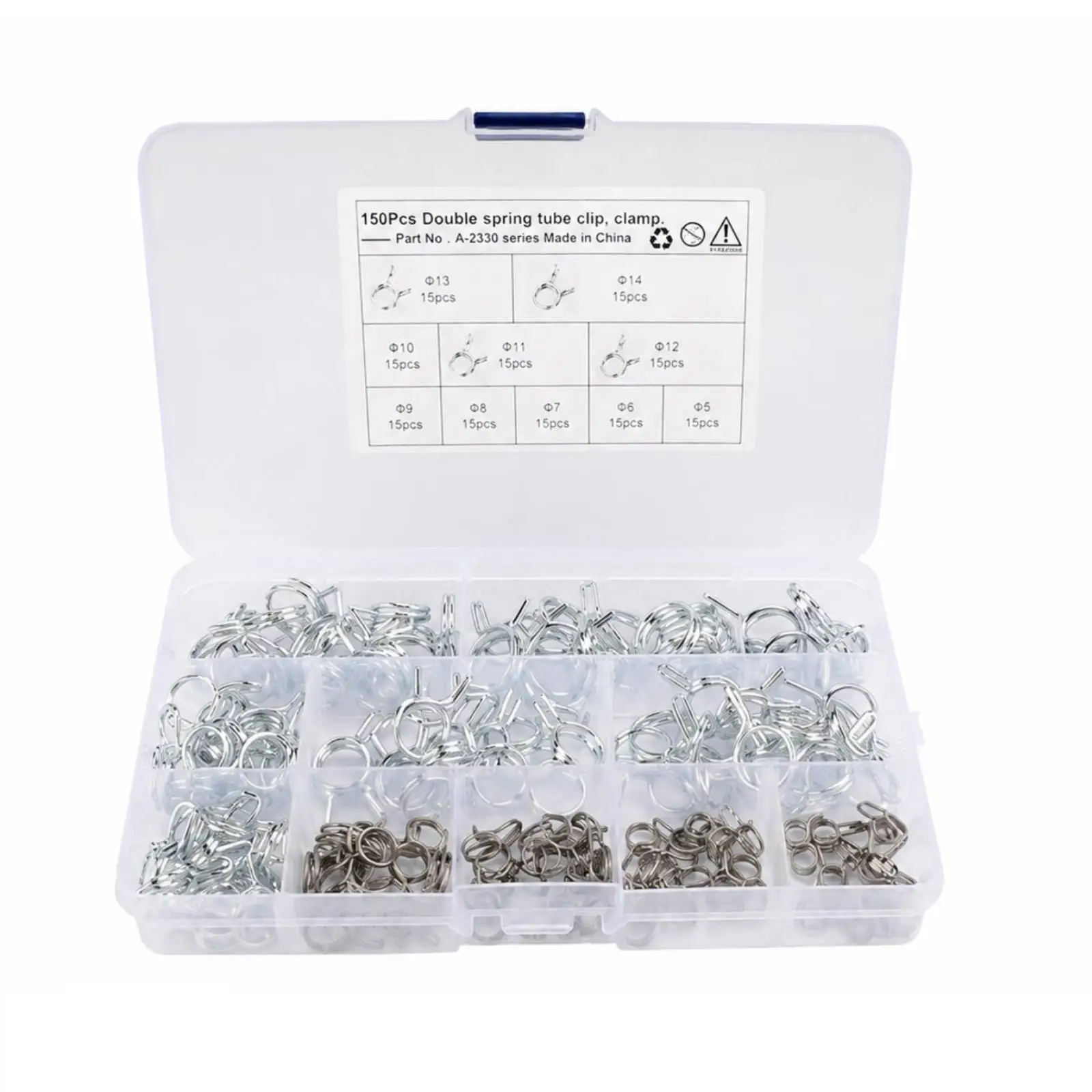 150 PC Spring Hose Clamp Variety Pack Double Wire Micro Clamps Stainless Steel with Hinged Lid Case for Repair
