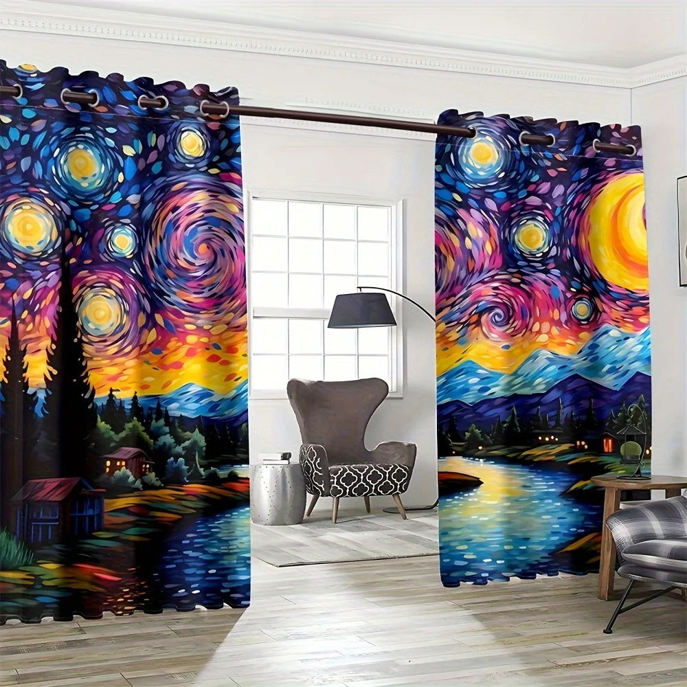 2pcs Van Gogh Starry Whirlpool Sky cortinas Idyllic Creek Digital Printed Curtain Living Room Curtains Grommet Top Curtains