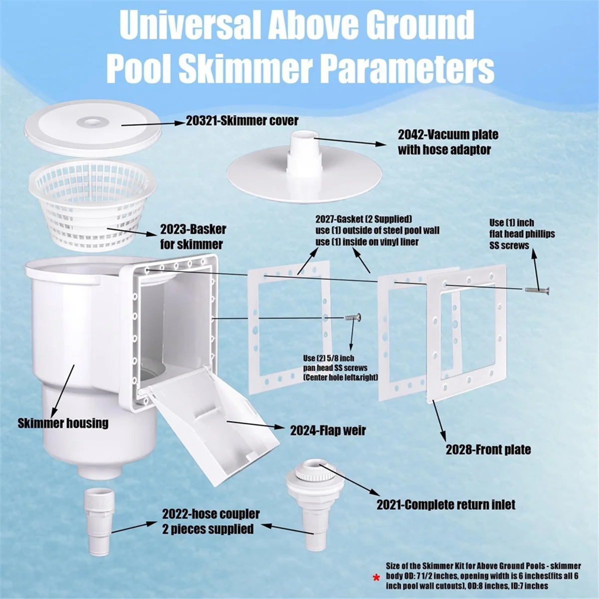 

ABTX Above Ground Pool Skimmer,Thru-Wall Skimmer with Accessory, Swimming Pool Skimmer,Opening Width 6 Inches, SP1091LX