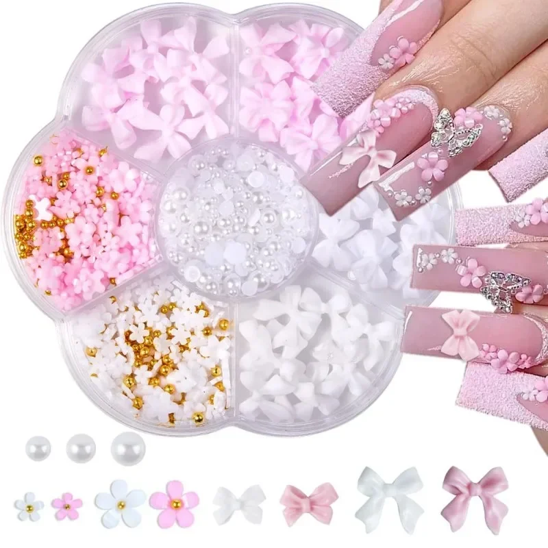 Mixed Acrylic Bowknot 3D Nail Art Decorations Flower Resin Charms Gold Beads Caviar Pearl Mixed Rhinestones Accessories Boxed