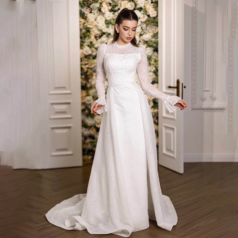 

Graceful Weddings Dresses Flare Sleeve High Collar Lace Vestido Femininos with Beading Bridal Gown Customized Robe De Mariée