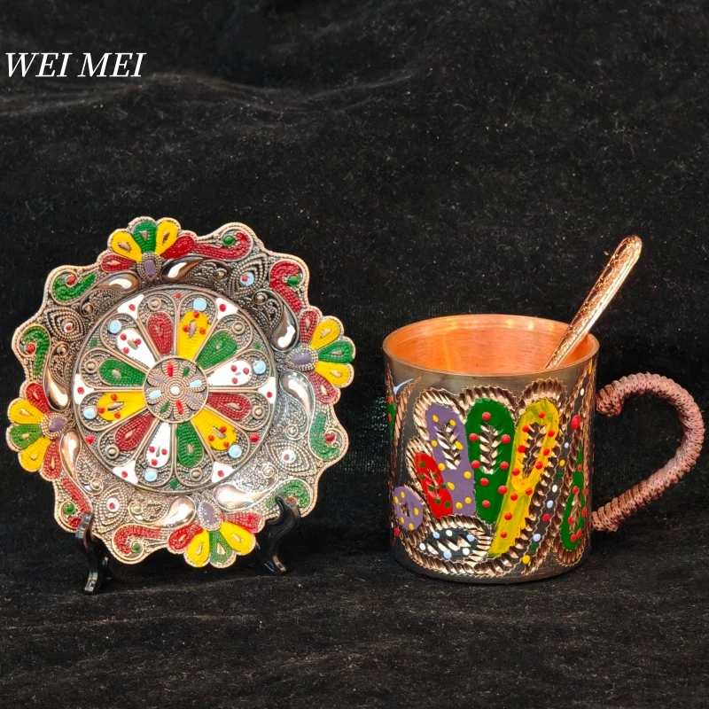 Taza de café pintada con estampado tallado a mano de cobre puro, mango tejido con vajilla de taza de jugo de regalo de arte único de estilo Vintage