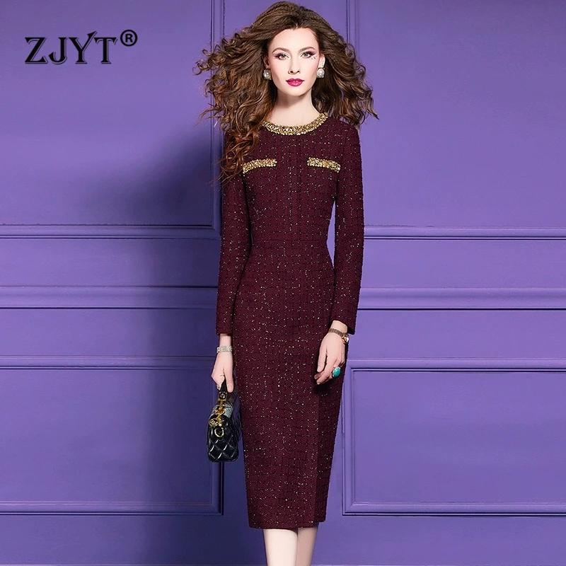 

ZJYT New 2025 Autumn Winter Tweed Woolen Dresses for Women Luxury Designer Beading Vintage Plus Size Party Office Pencil Dress