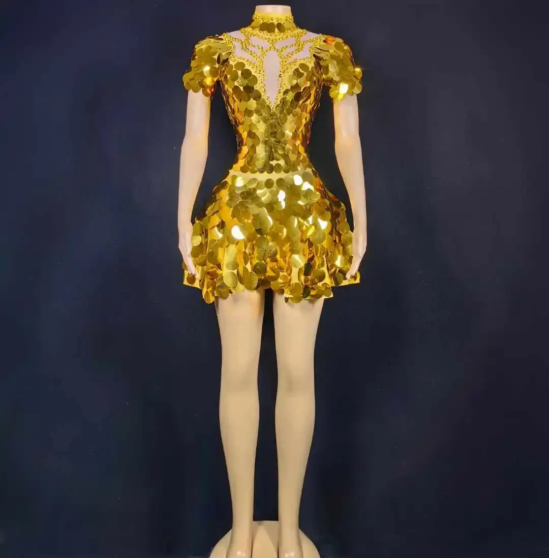 Gold Sequins ผู้หญิง Shinning ชุดแขนสั้น Carnival Bling Dancer เชียร์ลีดเดอร์ลาสเวกัส Showgirl ชุดลาก Queen