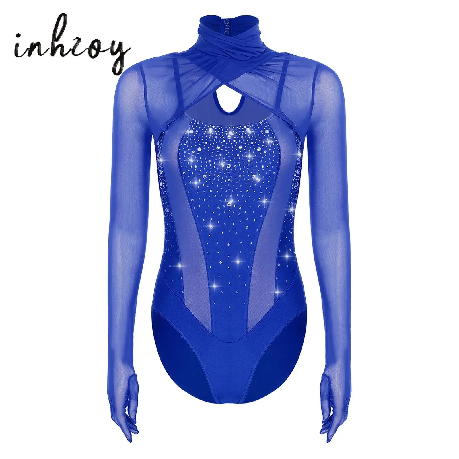 

Womens Gymnastics Dance Figure Skating Costume Cutout Front Sheer Mesh Patchwork Long Sleeves Sparkling Rhinestones Leotard