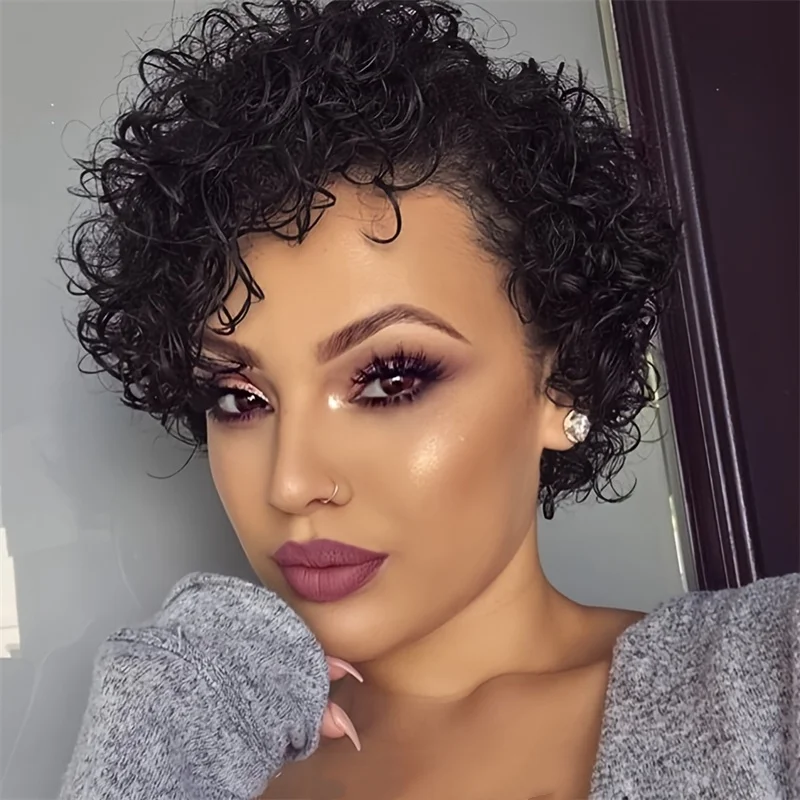 natural black color 150% density daily use wig 13×1 T part lace human hair wig short curly human hair wig pixie cut 6inch